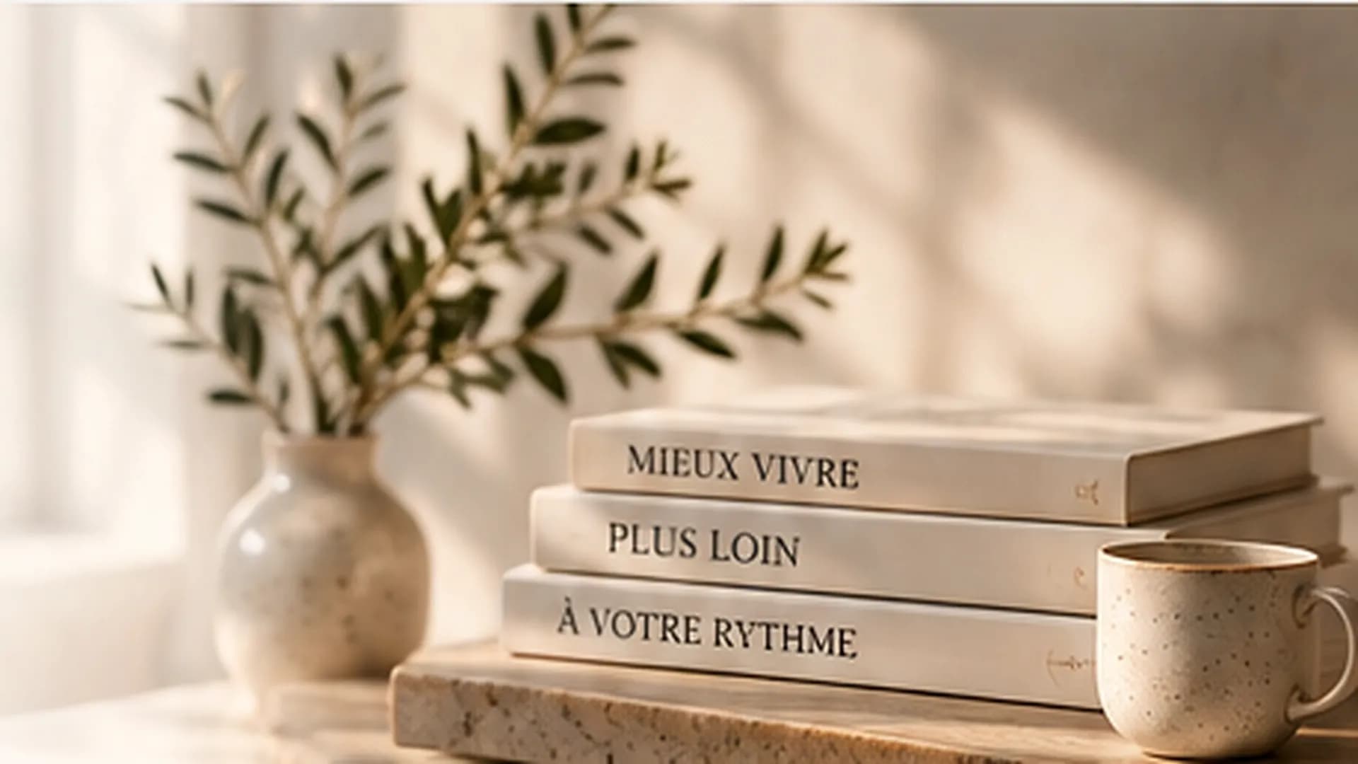Des livres posés près d'une tasse et d'un bouquet