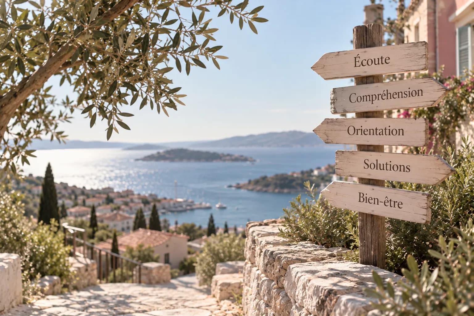 Un panneau indicateur en bois face à la mer, avec les directions Écoute, Compréhension, Orientation, Solutions et Bien-être