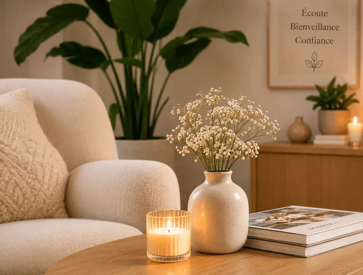 Un salon apaisant, avec un fauteuil, une bougie et un bouquet de fleurs séchées